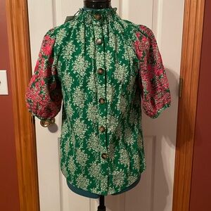 Boutique NWT green pink embroidery puff sleeve top medium